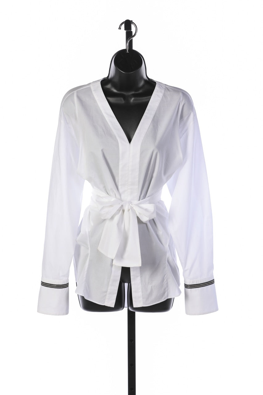 Brunello Cucinelli White Long Sleeve Button Up Blouse w Sparkle Detail On Sleeves & Wrap / Tie Front