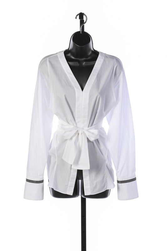 Brunello Cucinelli White Long Sleeve Button Up Blouse w Sparkle Detail On Sleeves & Wrap / Tie Front