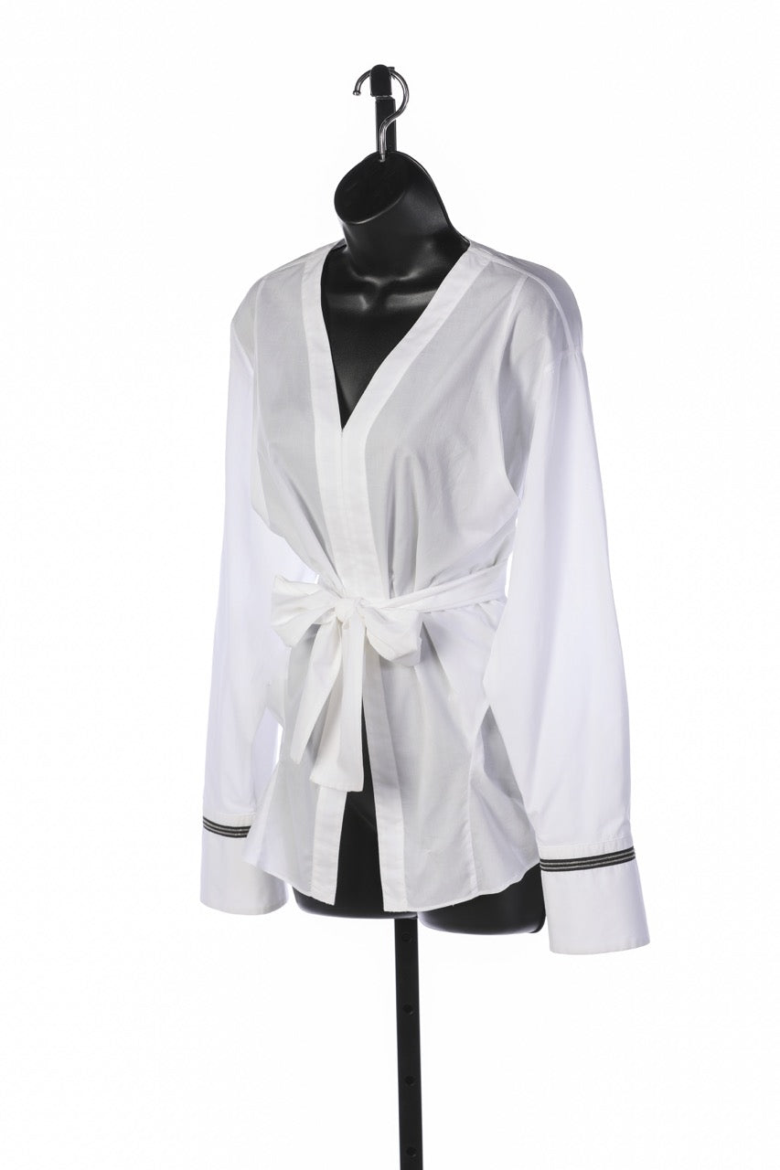 Brunello Cucinelli White Long Sleeve Button Up Blouse w Sparkle Detail On Sleeves & Wrap / Tie Front