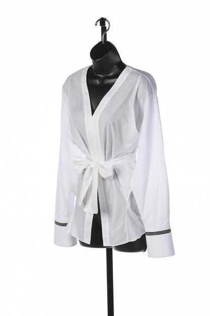 Brunello Cucinelli White Long Sleeve Button Up Blouse w Sparkle Detail On Sleeves & Wrap / Tie Front