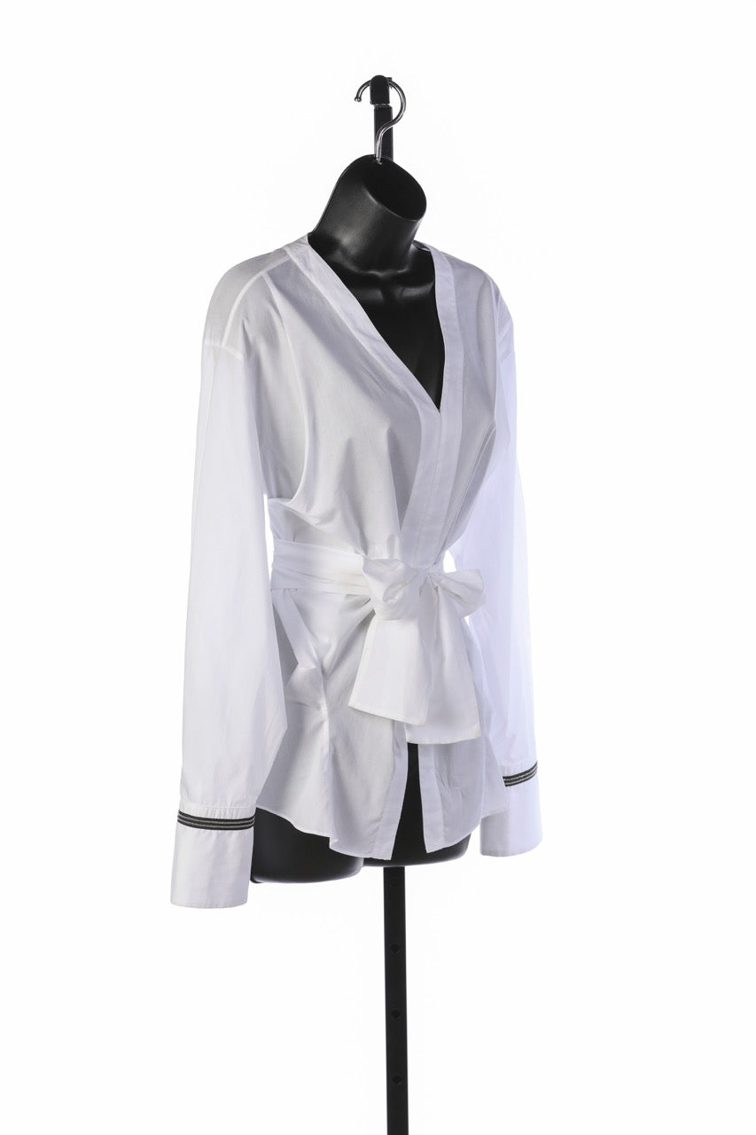 Brunello Cucinelli White Long Sleeve Button Up Blouse w Sparkle Detail On Sleeves & Wrap / Tie Front