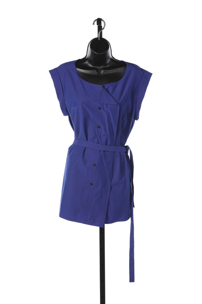 Lafayette 148 Blue Cap Sleeve Button Up w Ruffle Detail Wrap Blouse