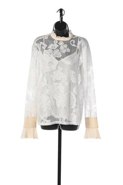 See By Chloe Cream Lace Long Sleeve Ruffle Hem Blouse NWT