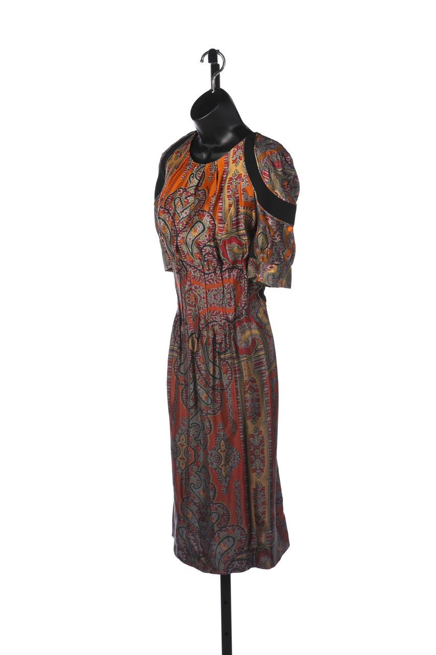 Louis Vuitton Satin Gold, Red, Orange & Green Short Sleeve Dress w/ Waist Pleated Detail