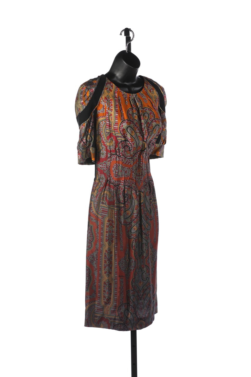 Louis Vuitton Satin Gold, Red, Orange & Green Short Sleeve Dress w/ Waist Pleated Detail