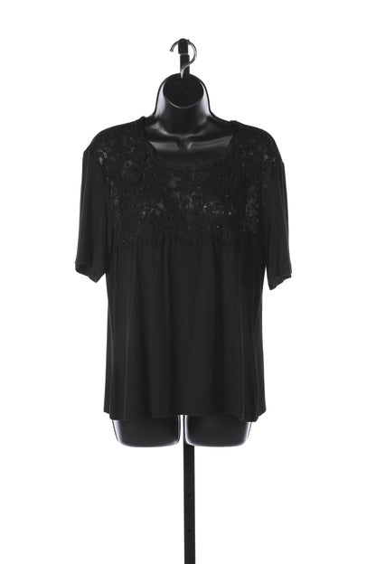 St. John Black Short Sleeve Crew Neck Top w Lace and Bead Detail