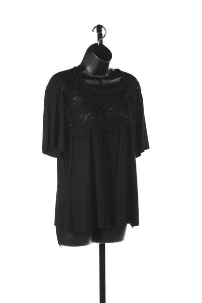 St. John Black Short Sleeve Crew Neck Top w Lace and Bead Detail