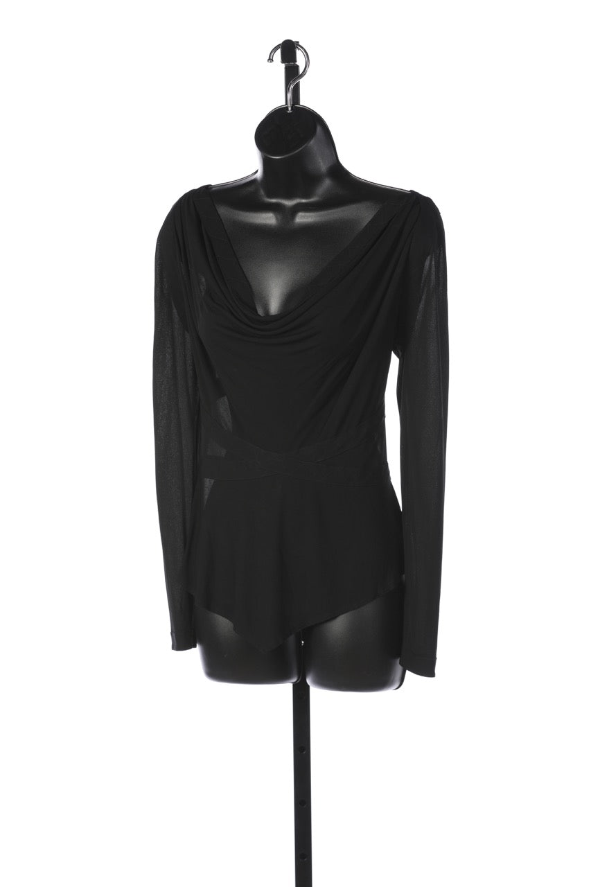 Yves Saint Laurent Black Chiffon Long Sleeve Drape Neck Cross Front Blouse