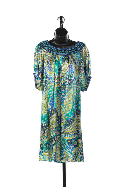 Andrew GN Green Yellow & Blue Silk Paisley Print Short Sleeve Knee-Length Dress