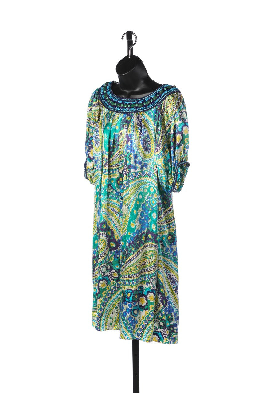 Andrew GN Green Yellow & Blue Silk Paisley Print Short Sleeve Knee-Length Dress