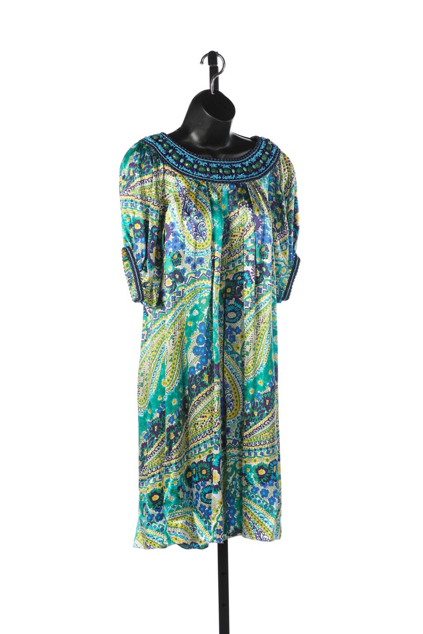 Andrew GN Green Yellow & Blue Silk Paisley Print Short Sleeve Knee-Length Dress