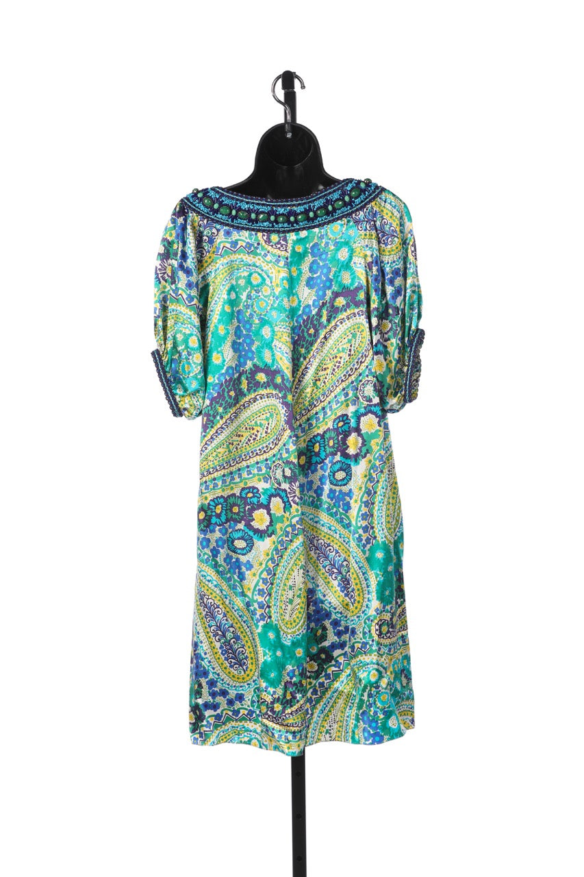 Andrew GN Green Yellow & Blue Silk Paisley Print Short Sleeve Knee-Length Dress