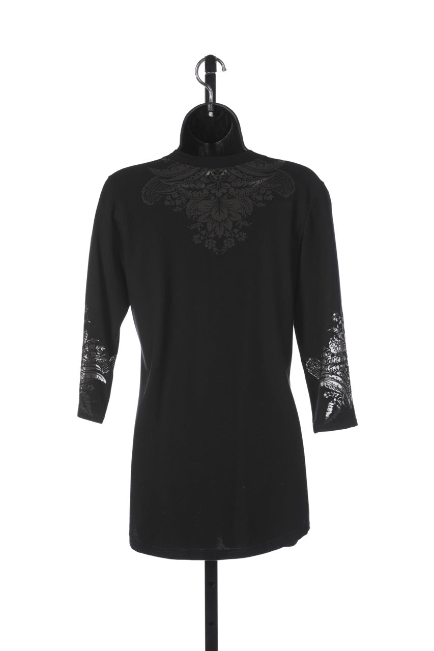 Etro Black 3/4 Sleeve T-Shirt w/ Sheer Floral Designs