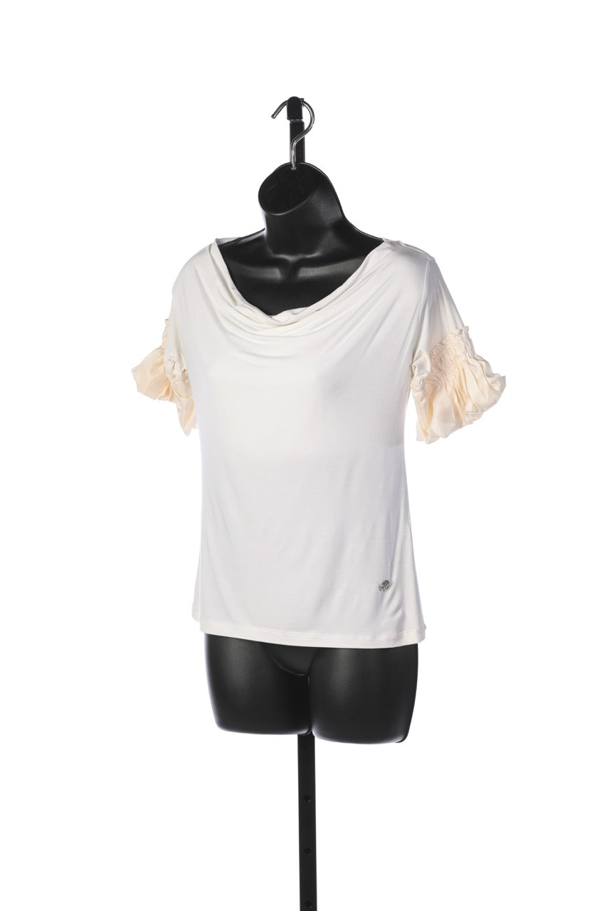 Roberto Cavali White Drape Neck Blouse w/ Cream Ruffle Sleeves  NWT