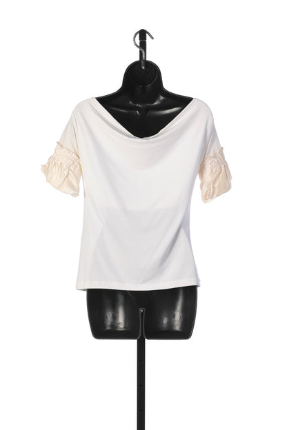 Roberto Cavali White Drape Neck Blouse w/ Cream Ruffle Sleeves  NWT