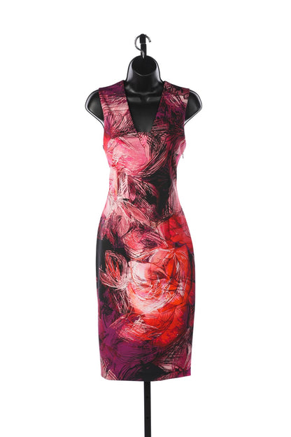 Fuzzi Pink & Fuchsia Abstract Floral Knee Length Dress (comes w cape)