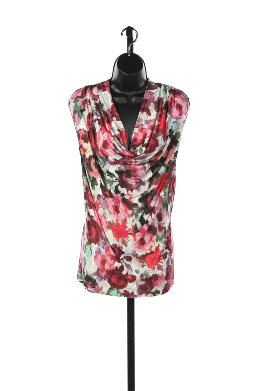 St. John White w Pink/Red Floral Drape-Neck Sleeveless Top