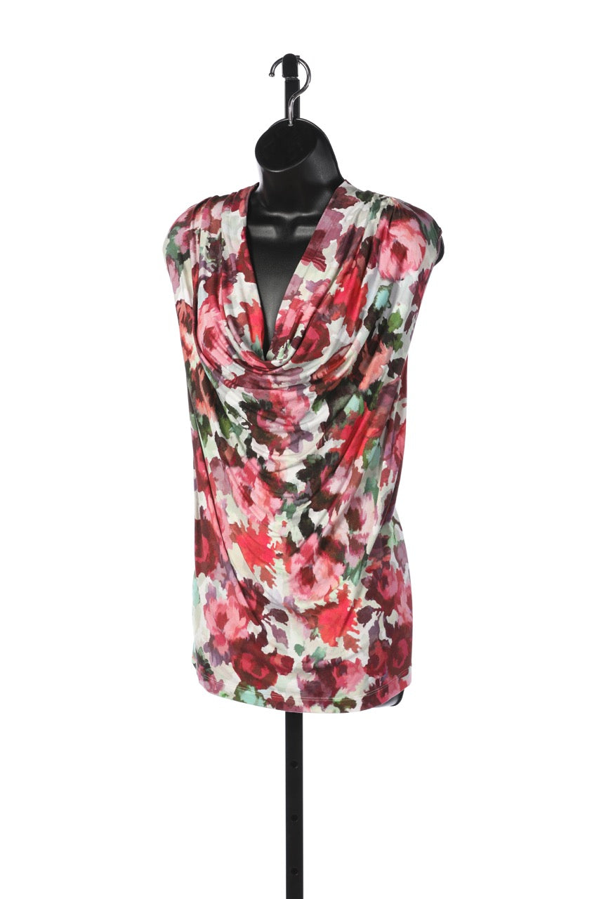 St. John White w Pink/Red Floral Drape-Neck Sleeveless Top