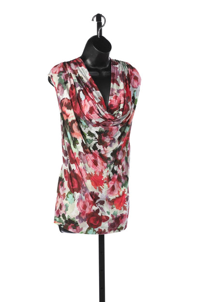 St. John White w Pink/Red Floral Drape-Neck Sleeveless Top