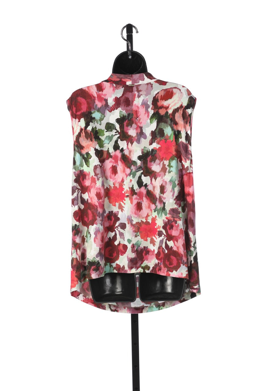 St. John White w Pink/Red Floral Drape-Neck Sleeveless Top