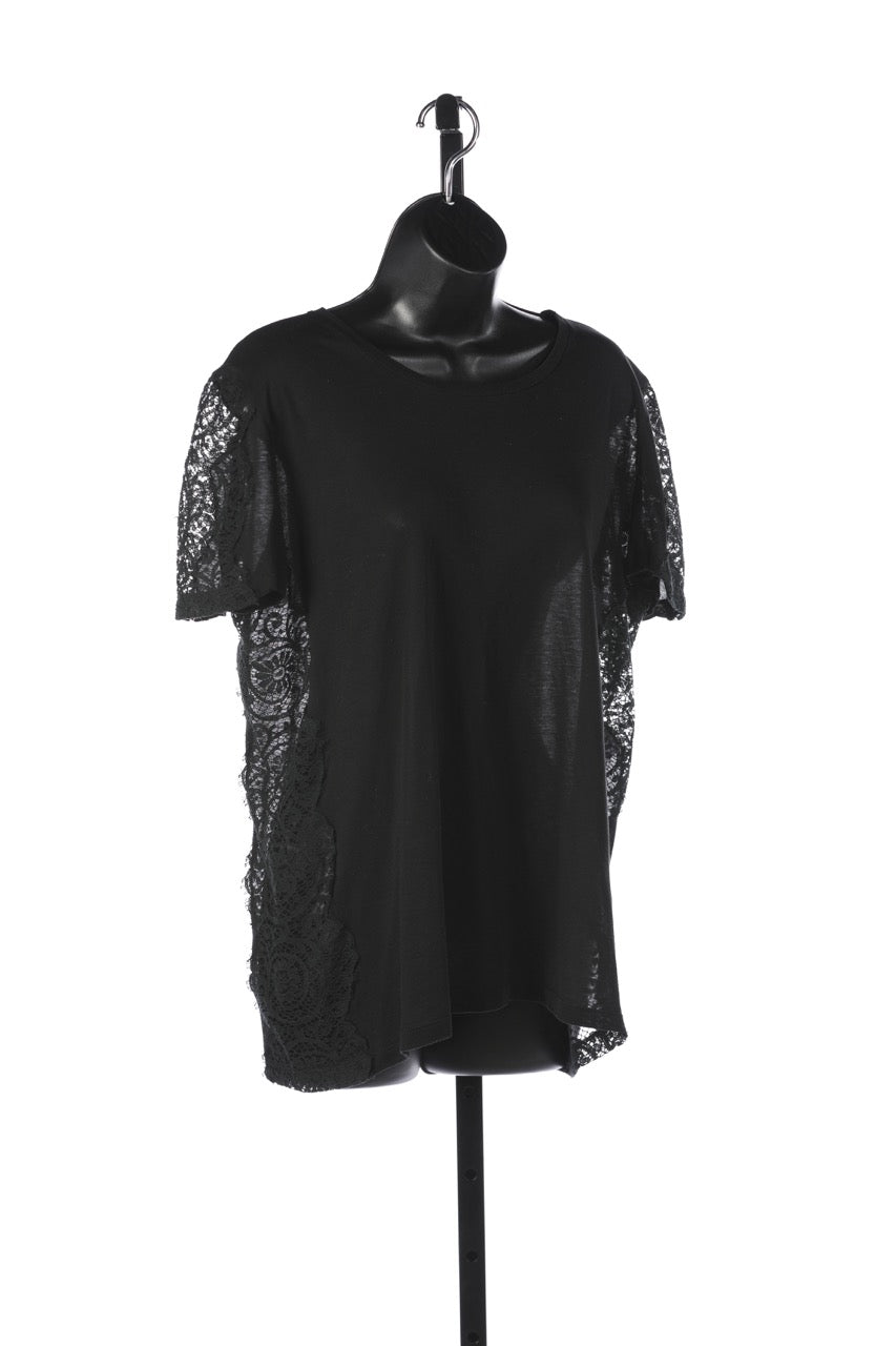 Stella McCartney Black Crew Neck Short Sleeve Top w Lace Detail