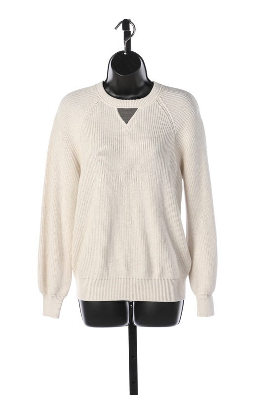 Brunello Cucinelli Oatmeal Long Sleeve Crew-Neck Ribbed Sweater w Triangle Logo Beads on Neck