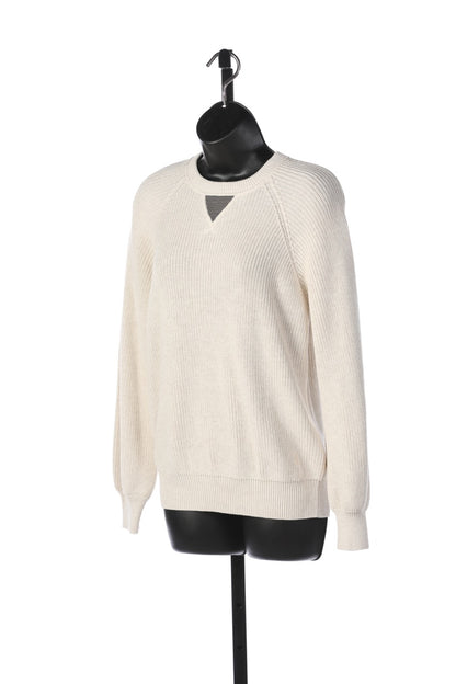 Brunello Cucinelli Oatmeal Long Sleeve Crew-Neck Ribbed Sweater w Triangle Logo Beads on Neck NWT