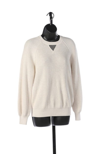 Brunello Cucinelli Oatmeal Long Sleeve Crew-Neck Ribbed Sweater w Triangle Logo Beads on Neck NWT