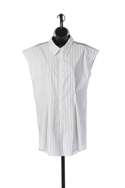 CO Essentials White & Blue Striped Cap Sleeve Button Down Blouse NWT