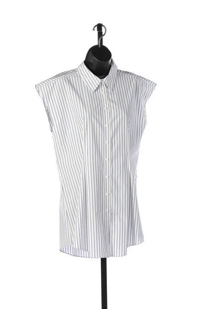 CO Essentials White & Blue Striped Cap Sleeve Button Down Blouse NWT