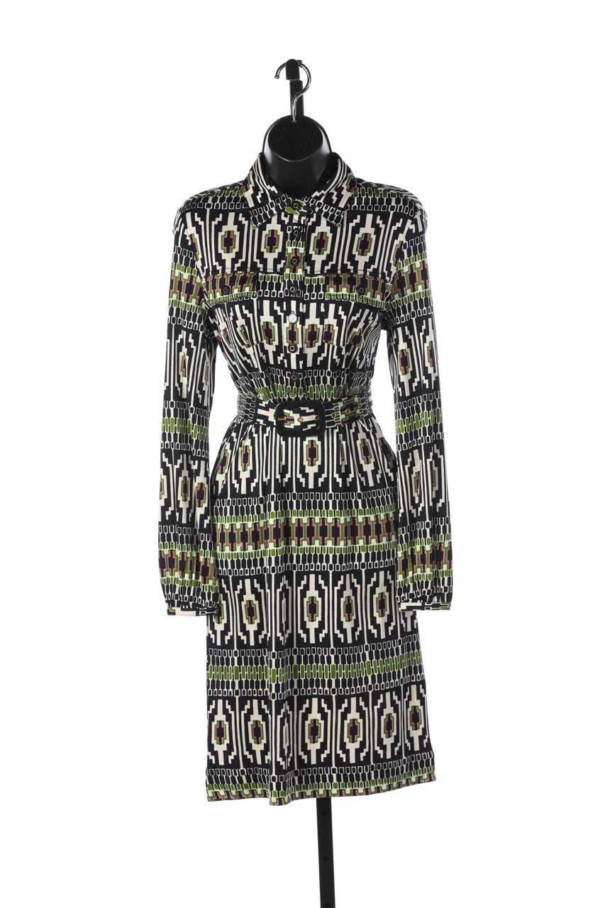 Tory Burch Navy Green White & Purple Print Long Sleeve Dress w Belt NWT