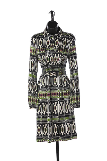 Tory Burch Navy Green White & Purple Print Long Sleeve Dress w Belt NWT