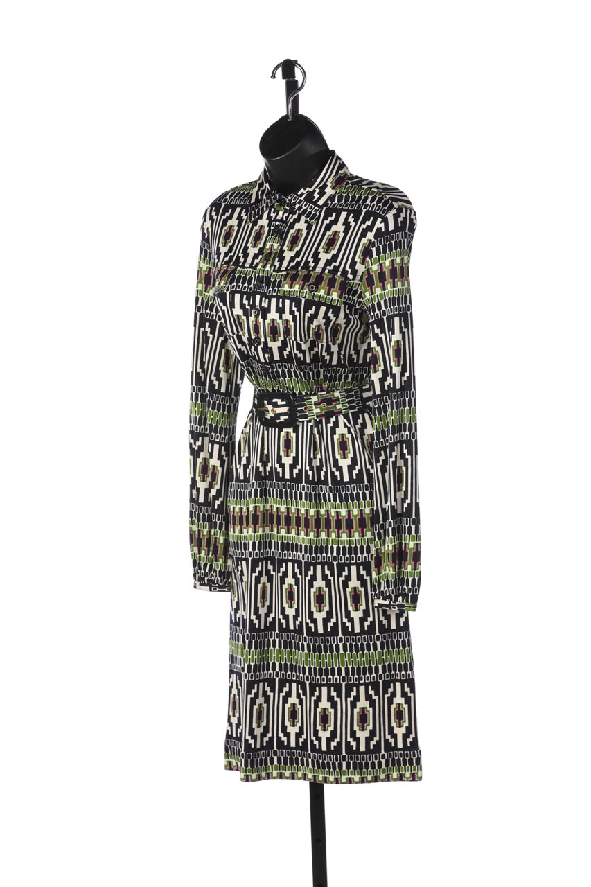 Tory Burch Navy Green White & Purple Print Long Sleeve Dress w Belt NWT