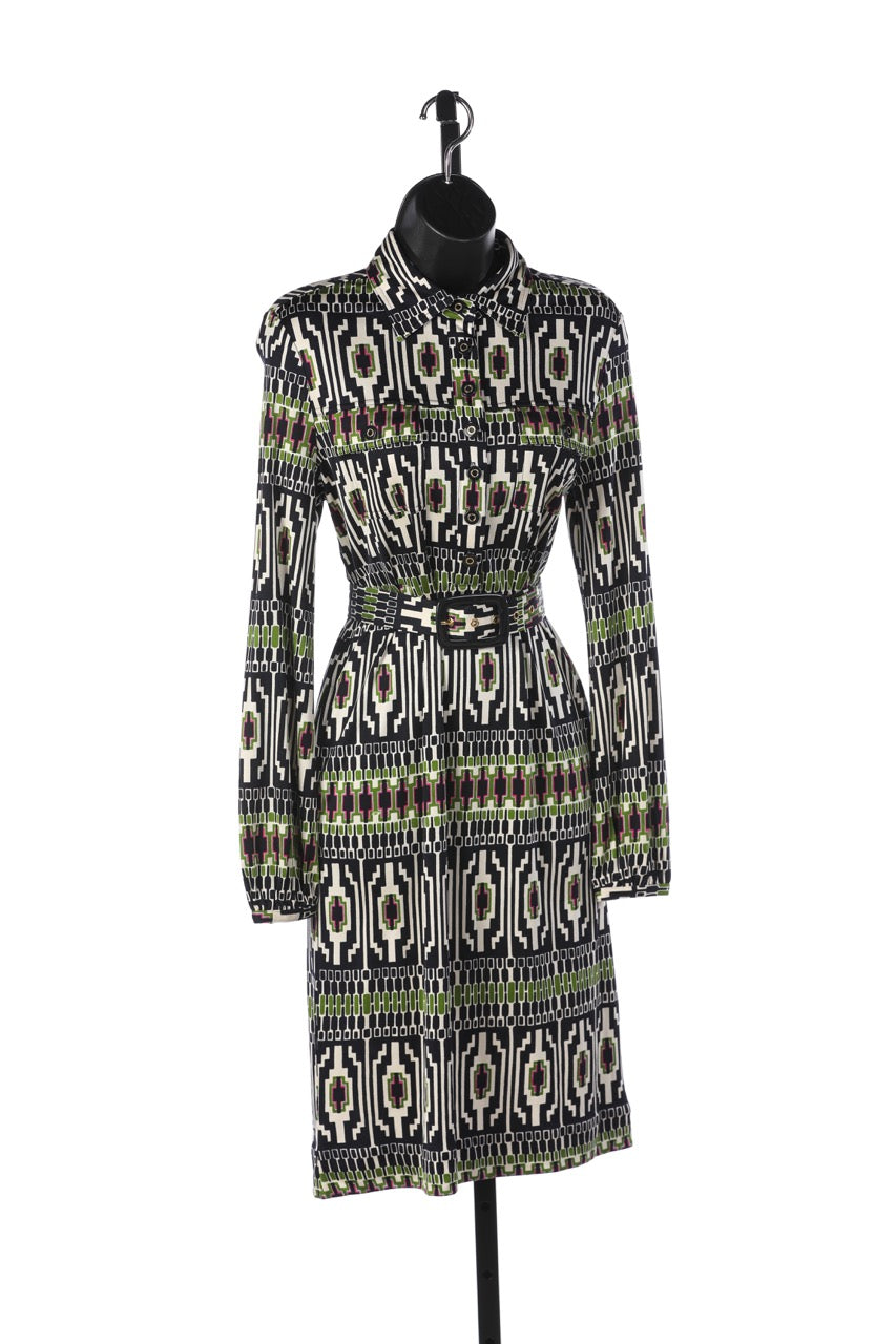 Tory Burch Navy Green White & Purple Print Long Sleeve Dress w Belt NWT