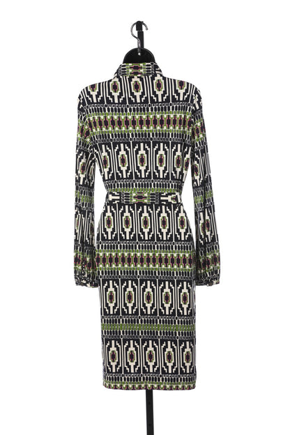 Tory Burch Navy Green White & Purple Print Long Sleeve Dress w Belt NWT