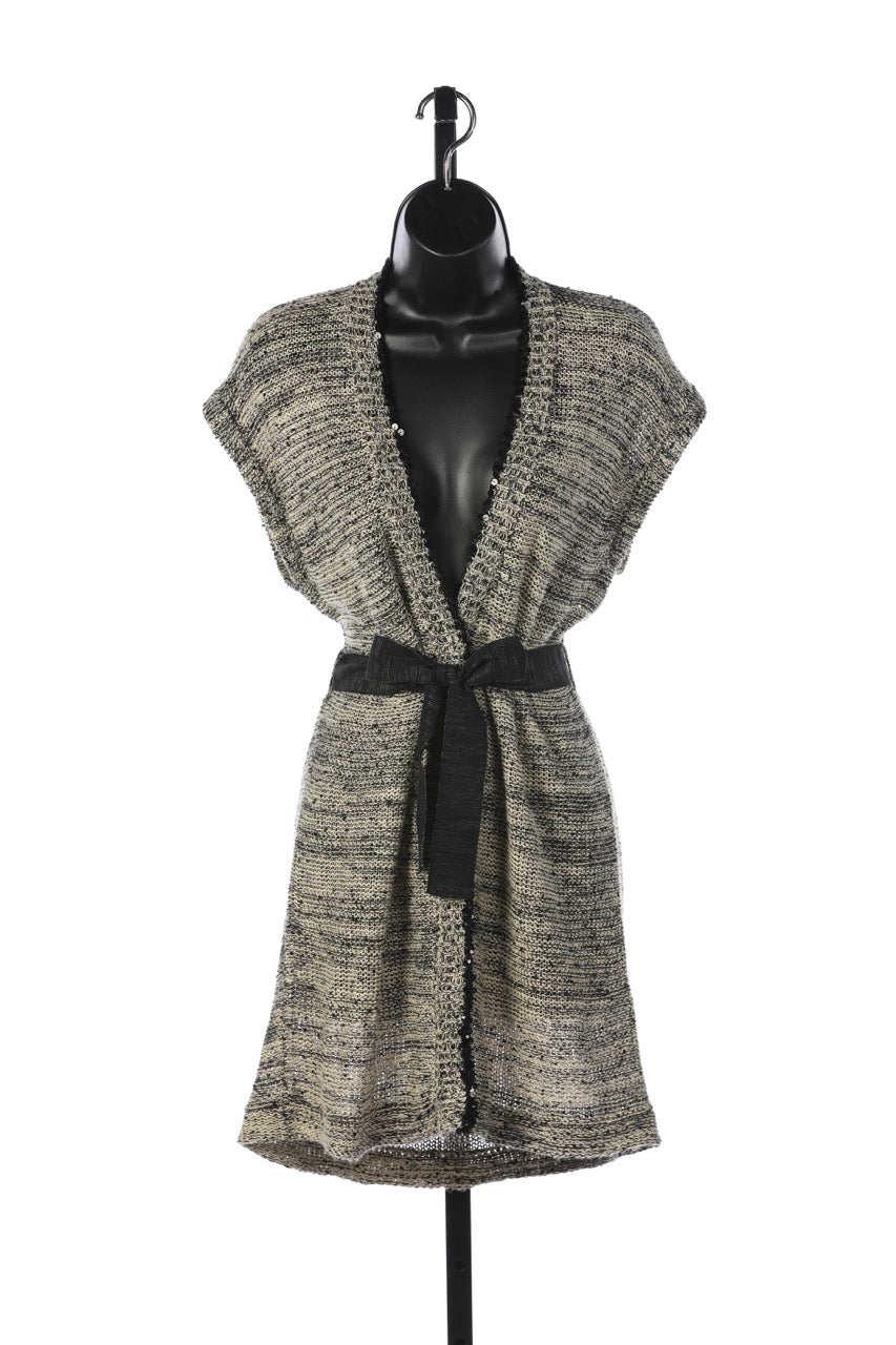 Brunello Cucinelli Grey Black Net Knit Cap Sleeve Button Up Long Cardigan w Waist Tie & Sequin