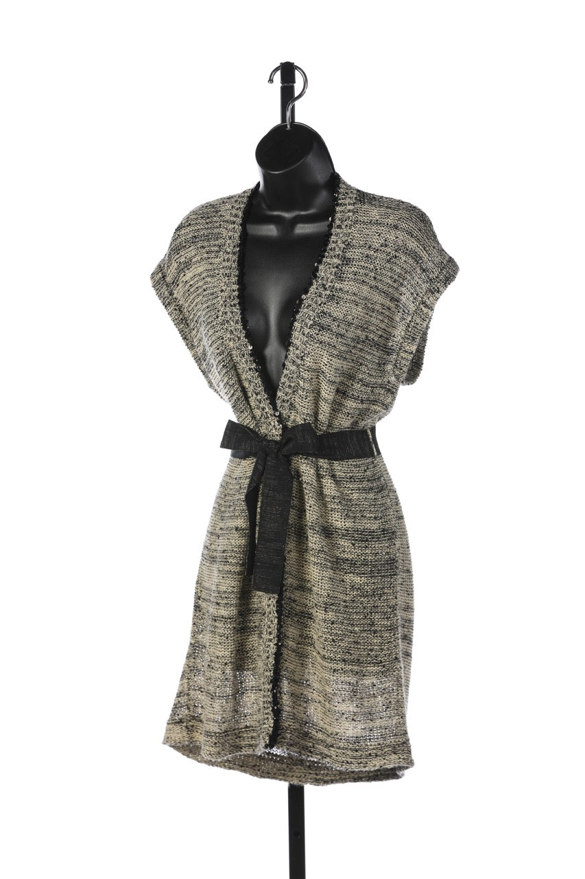 Brunello Cucinelli Grey Black Net Knit Cap Sleeve Button Up Long Cardigan w Waist Tie & Sequin