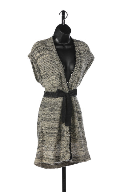 Brunello Cucinelli Grey Black Net Knit Cap Sleeve Button Up Long Cardigan w Waist Tie & Sequin