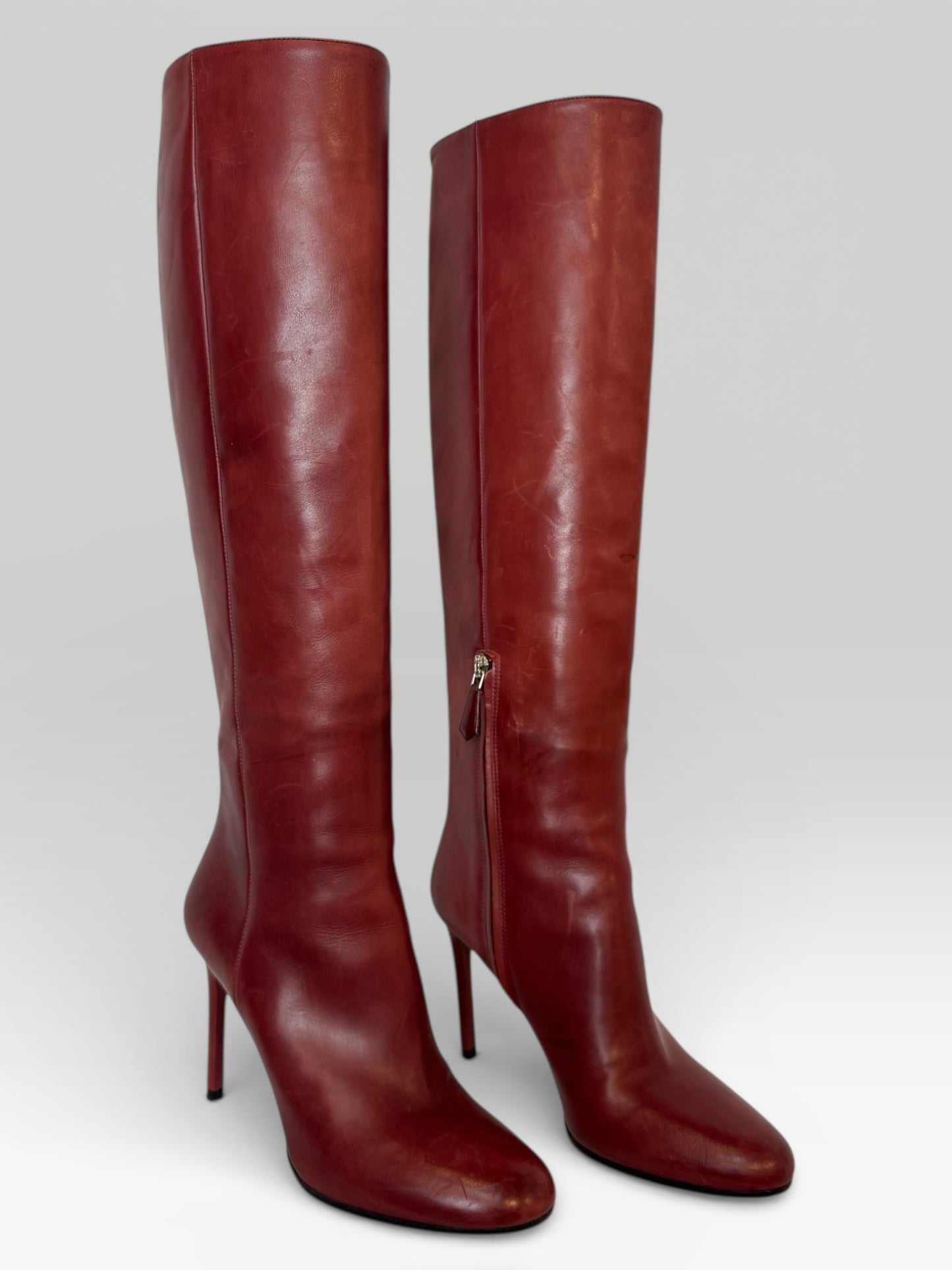 Prada Deep Red Leather Round Toe Knee-High Boots