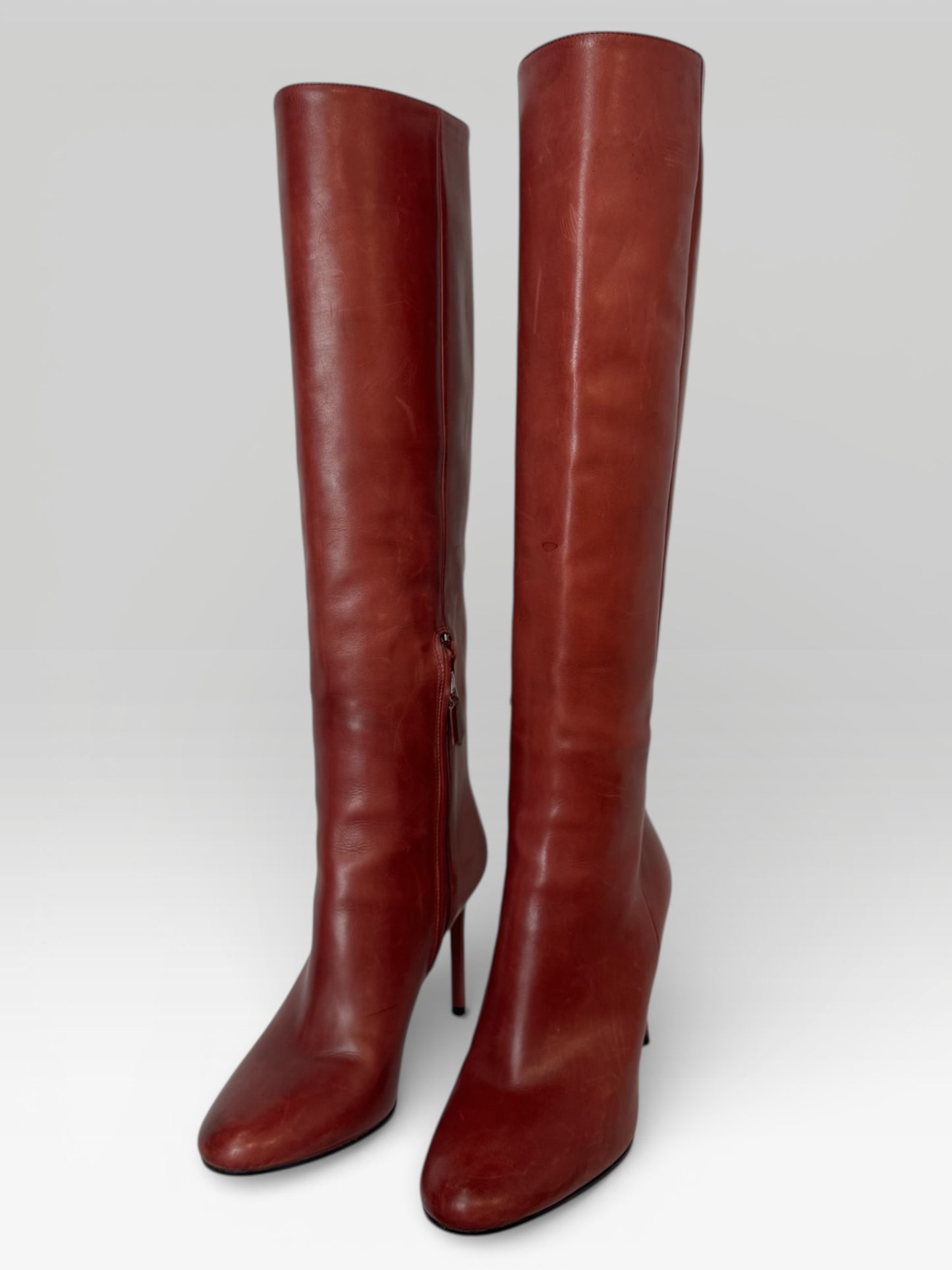 Prada Deep Red Leather Round Toe Knee-High Boots