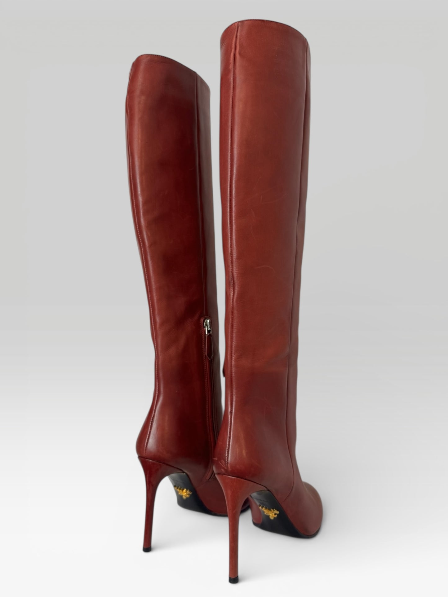 Prada Deep Red Leather Round Toe Knee-High Boots