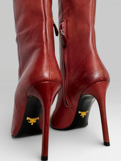 Prada Deep Red Leather Round Toe Knee-High Boots