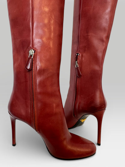 Prada Deep Red Leather Round Toe Knee-High Boots