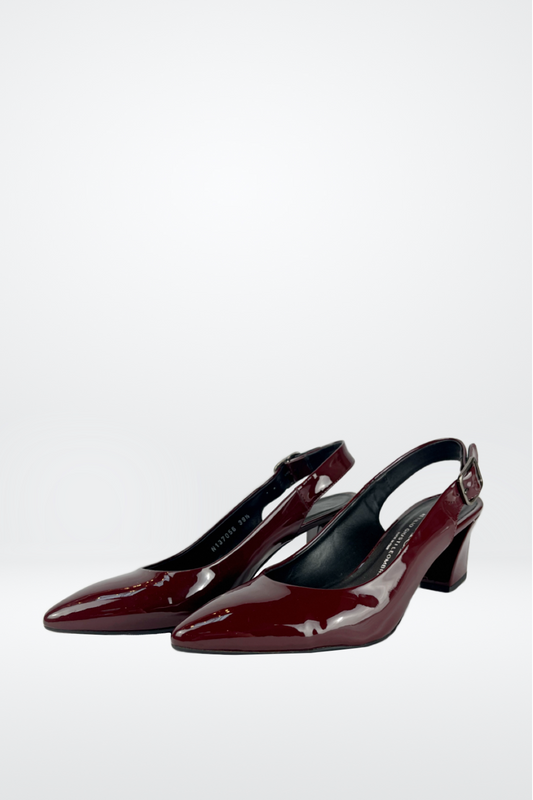 AGL Red Wine Leather Pointed Toe Buckle Ankle Pumps