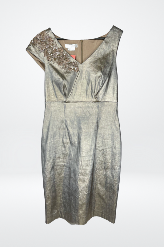 Kay Unger Grey Metallic Sleeveless V-Neck Midi Dress