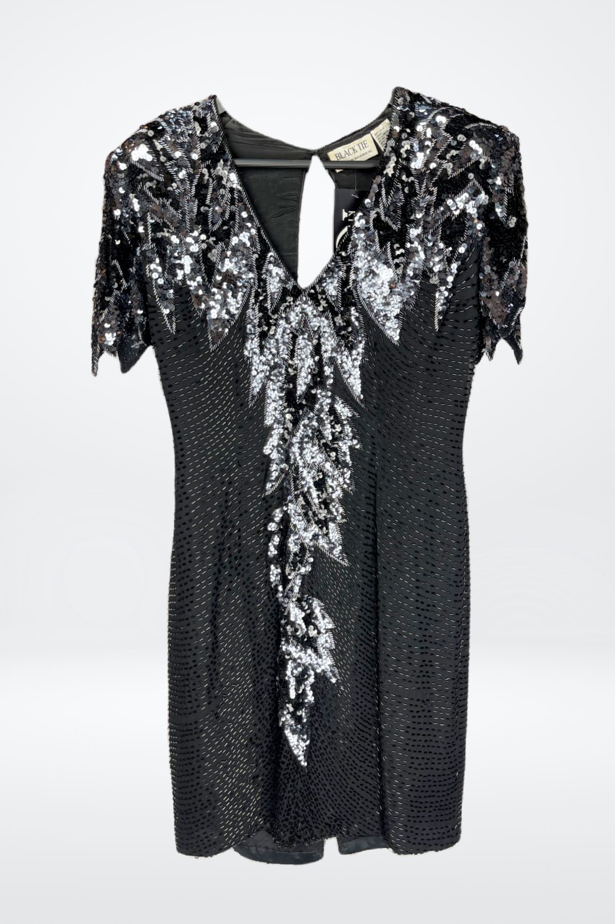 Black Tie Black & Silver Silk Sequin/Beaded Short Sleeve Asymmetrical Pattern Midi Dress