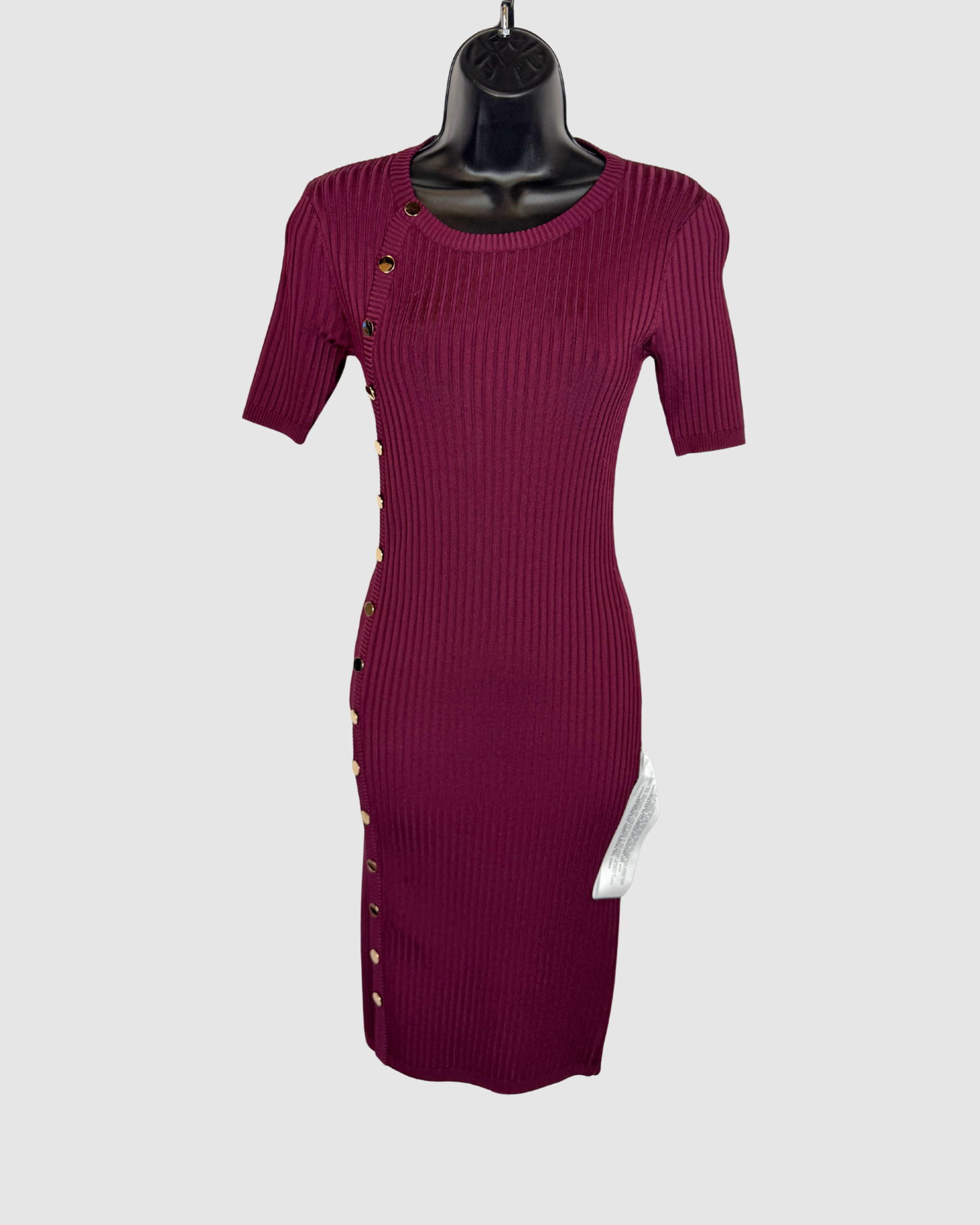 Dress The Population Burgundy Ribbed Gold Stud Short Sleeve Fitted Knee-Length Dress