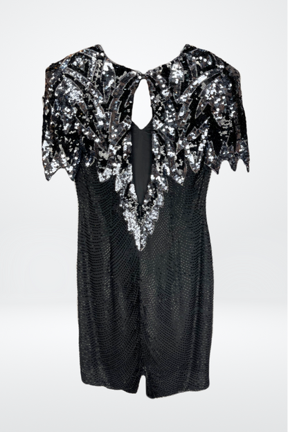 Black Tie Black & Silver Silk Sequin/Beaded Short Sleeve Asymmetrical Pattern Midi Dress