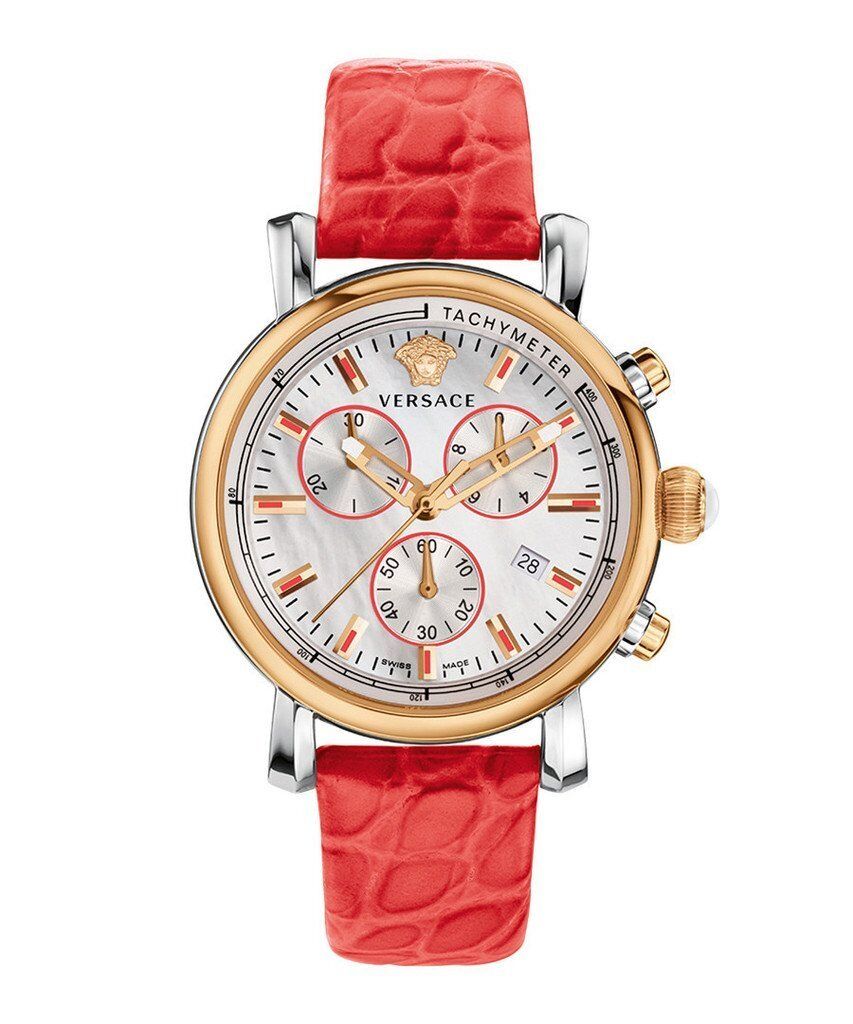 Versace Gold & Red / Coral Women's Day Glam Chronograph IP Steel Leather Watch VLB120015