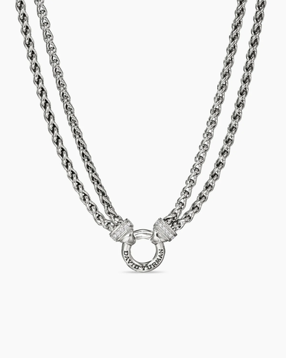 David Yurman Sterling Silver Diamond Pave Albion® Pendant, 17mm on Sterling Silver Double Wheat Chain Necklace with Diamonds, 4mm - 18"